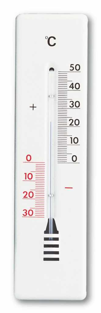Weißes Thermometer mit zwei Skalen in Rot und Schwarz sowie Glasröhrchen in der Mitte auf weißem Hintergrund