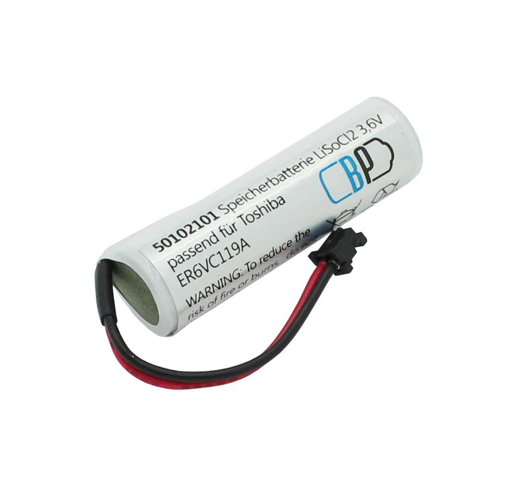 Weiße zylindrische Batterie mit roten und schwarzen Kabeln und schwarzem Steckverbinder auf weißem Hintergrund