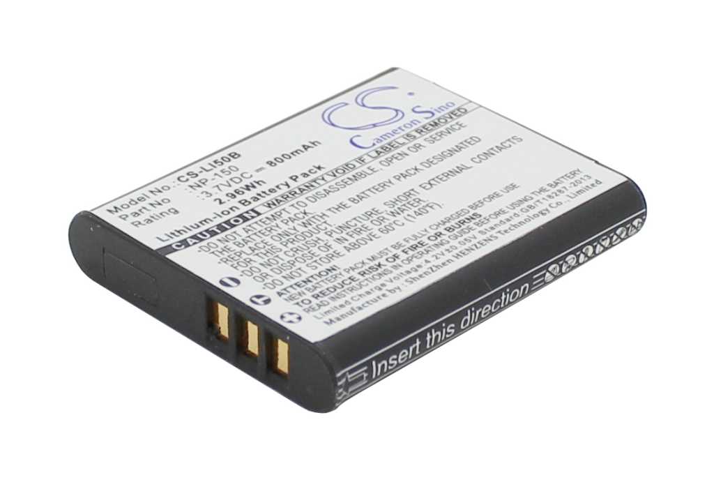 Schwarzer Kameraakku mit weißem Etikett, seitlich drei goldene Kontakte sichtbar, auf weißem Hintergrund