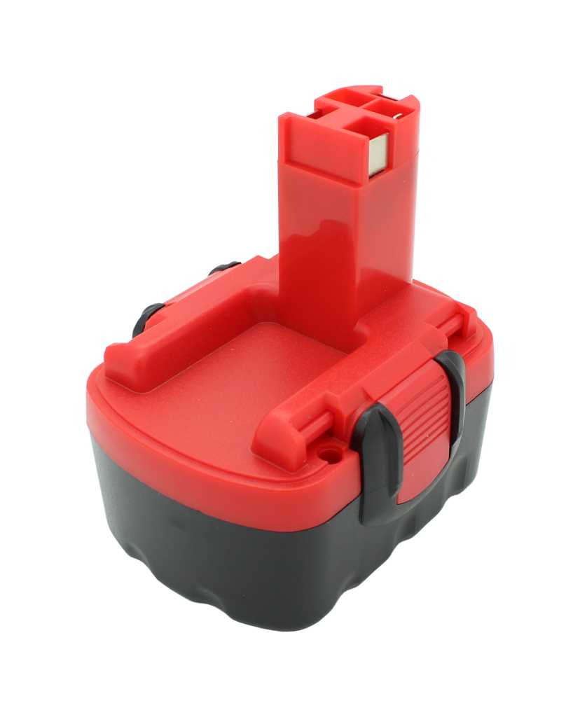 Roter und schwarzer Akkupack mit hohem Steckanschluss und seitlichen Rastnasen vor weißem Hintergrund