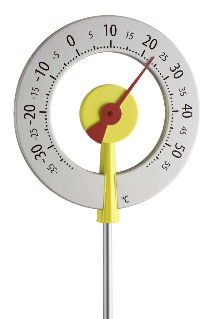 Rundes Thermometer mit silberner Skala, gelbem Mittelteil und rotem Zeiger auf Stabmontage vor weißem Hintergrund