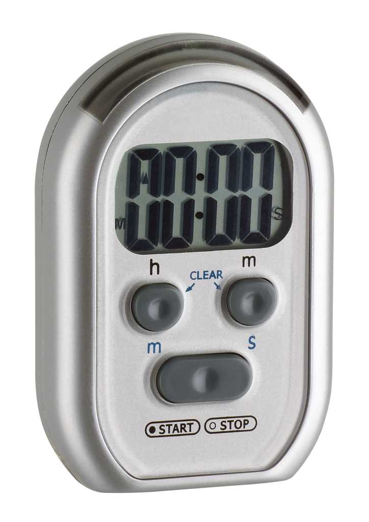 Silberner digitaler Timer mit Display und drei grauen Tasten, unten zwei Schaltflächen Start und Stop
