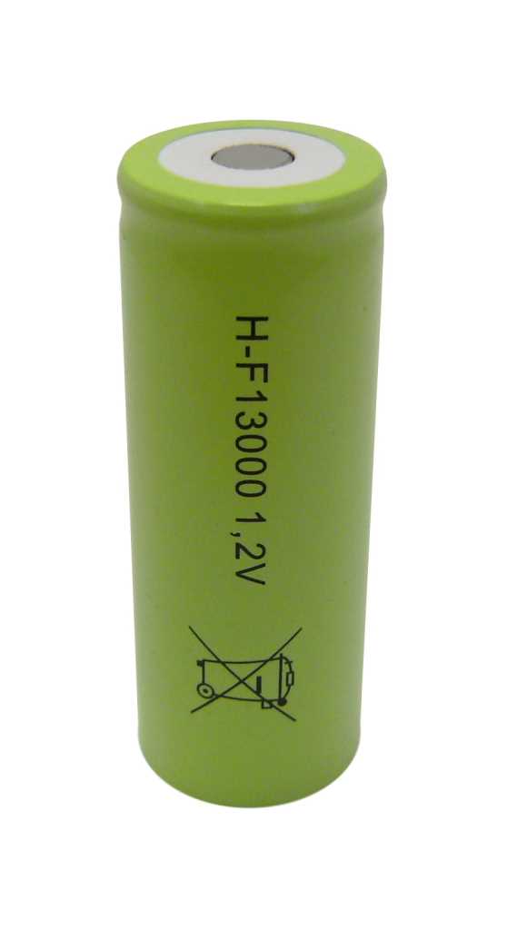 Grüner zylindrischer Akku mit flachem Pluspol, seitlicher Aufschrift und Symbol einer durchgestrichenen Mülltonne