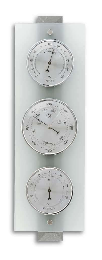 Rechteckige Leiste in Grau mit drei runden Messanzeigen übereinander, mit Metallrahmen und Zeigern