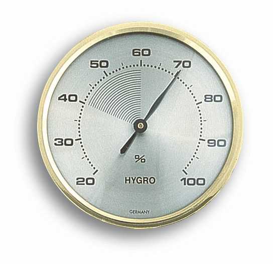 Rundes analoges Hygrometer mit Messingrand, grauem Zifferblatt und schwarzem Zeiger, Skala von 20 bis 100 Prozent