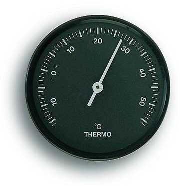 Rundes schwarzes Thermometer-Zifferblatt mit Skala von 0 bis 60 und Zeiger knapp über 30 Grad Celsius