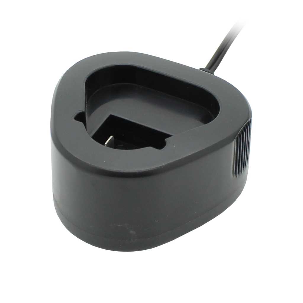 Schwarze Ladestation mit ovaler Aufnahme und angeschlossenem Kabel, seitlich mit Lüftungsschlitzen