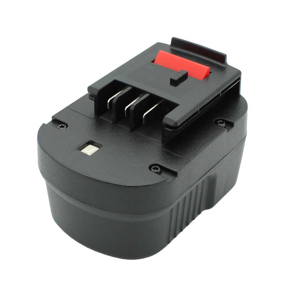 Schwarzer Werkzeugakku mit rotem Schieber und Kontaktpins, schräge Ansicht auf weißem Hintergrund
