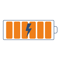 Piktogramm eines Akkus mit sechs Ladebalken und einem Blitz-Symbol