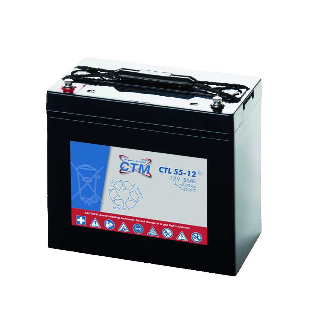 Schwarzer Akku-Block mit Tragegriff und zwei Schraubpolen oben, seitlich Etikett mit Symbolen