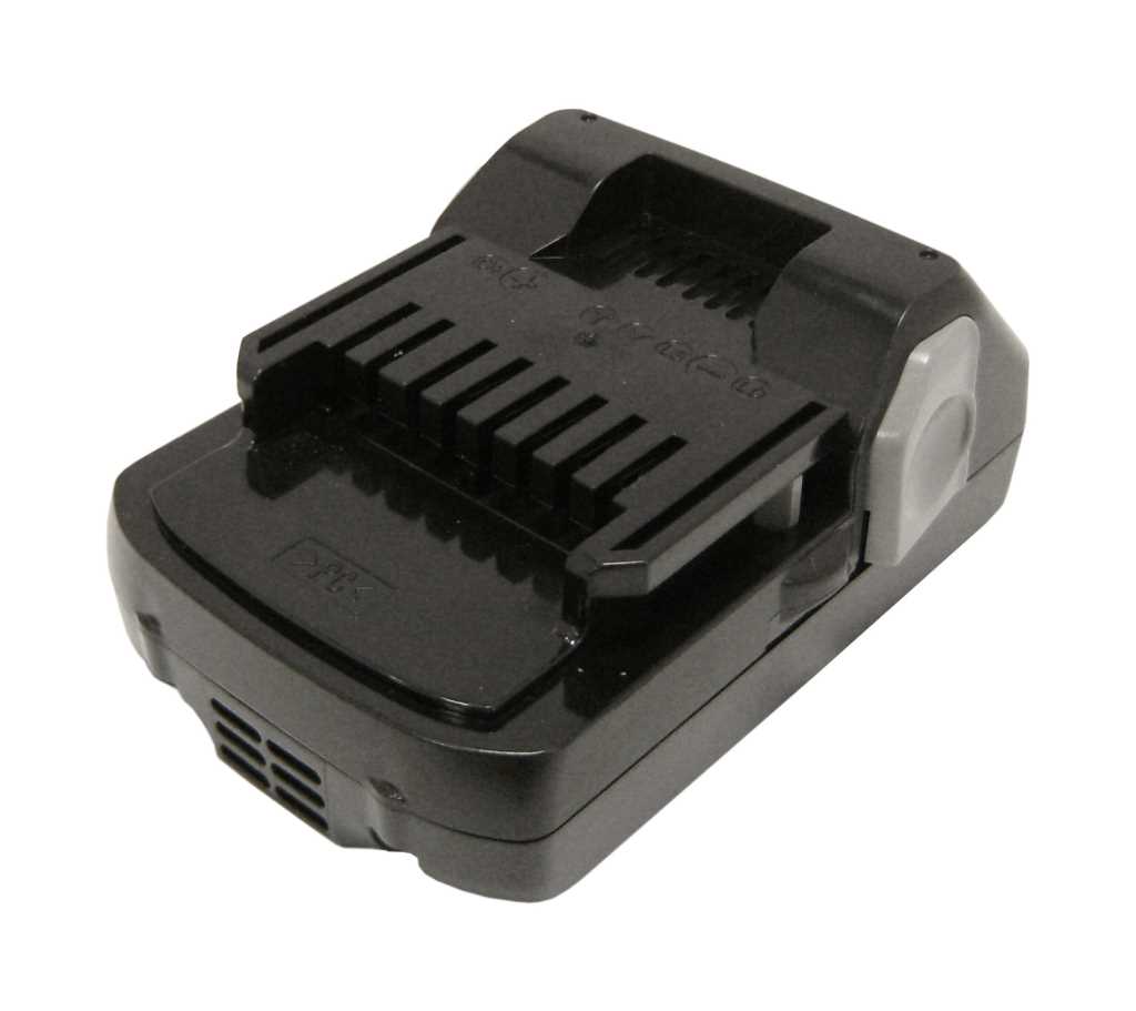 Schwarzer Werkzeugakku mit geriffelter Oberseite und grauer Entriegelungstaste, seitliche Lüftungsschlitze sichtbar