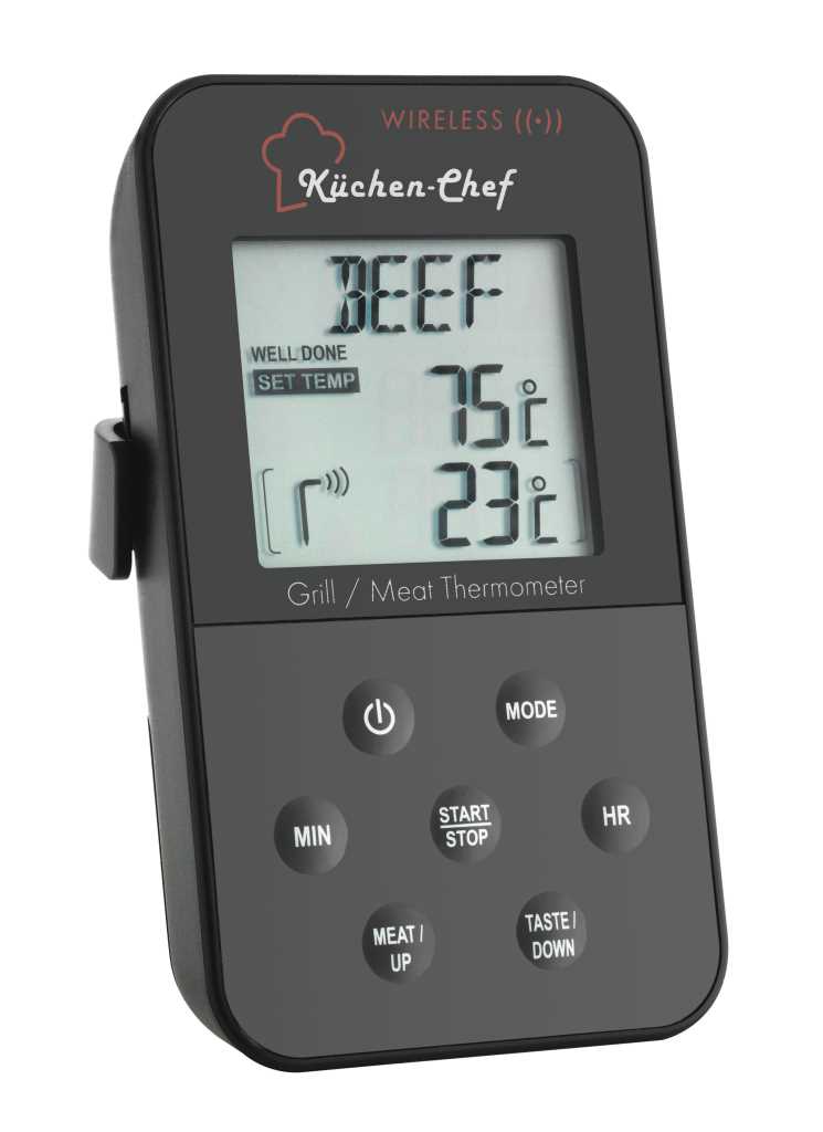 Schwarzes digitales Thermometer mit Display 75°C und 23°C sowie Tastenfeld und ausklappbarer Halterung auf der Rückseite