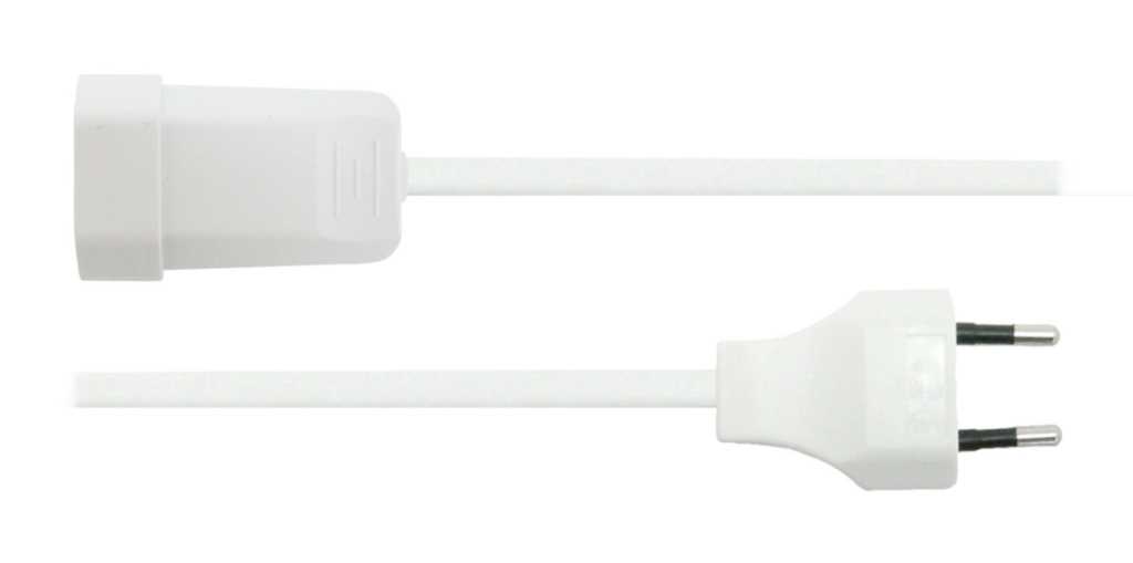 Weißes Verlängerungskabel mit Eurostecker und Kupplung, seitlich dargestellt