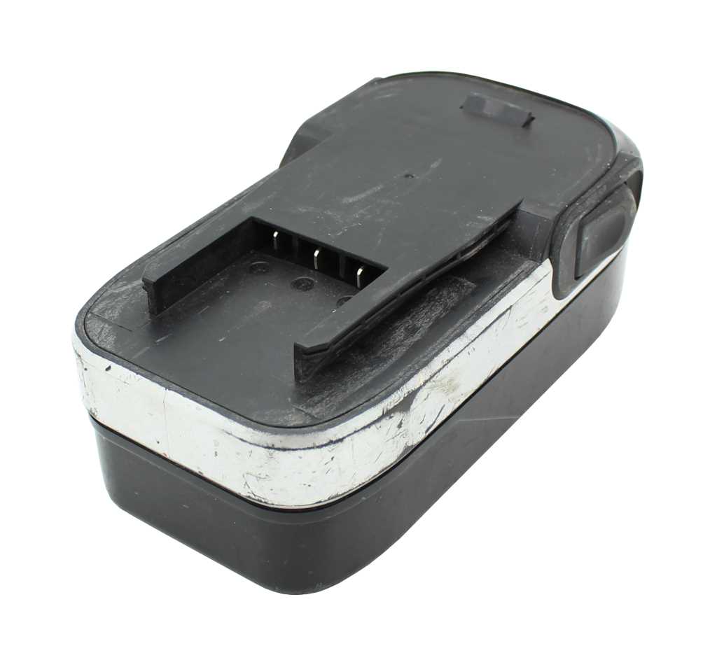 Schwarzer Werkzeugakku mit silbernem umlaufendem Rand, seitlicher Entriegelungstaste und Kontaktstiften oben