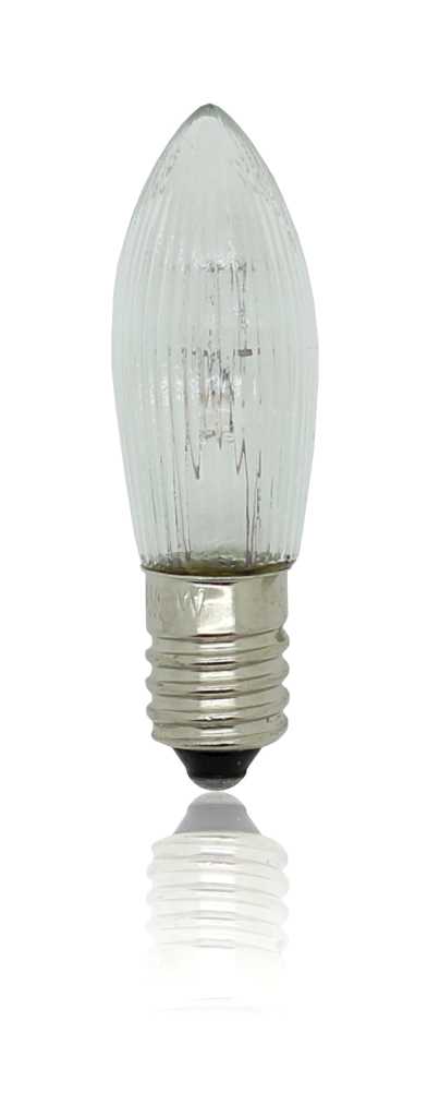 Kerzenförmige Glühlampe mit geriffeltem Klarglaskolben und kleinem Schraubsockel, freigestellt auf weißem Hintergrund