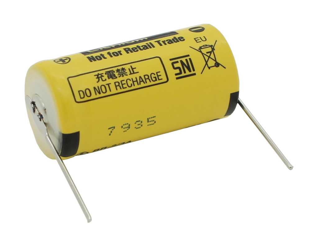 Gelbe zylindrische Batterie mit zwei seitlichen Lötpins, auf weißem Hintergrund liegend