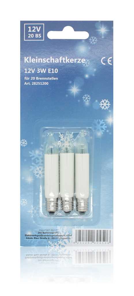 Blisterverpackung mit drei weißen Kerzenlampen mit Schraubsockel vor blauem Hintergrund mit Schneeflocken