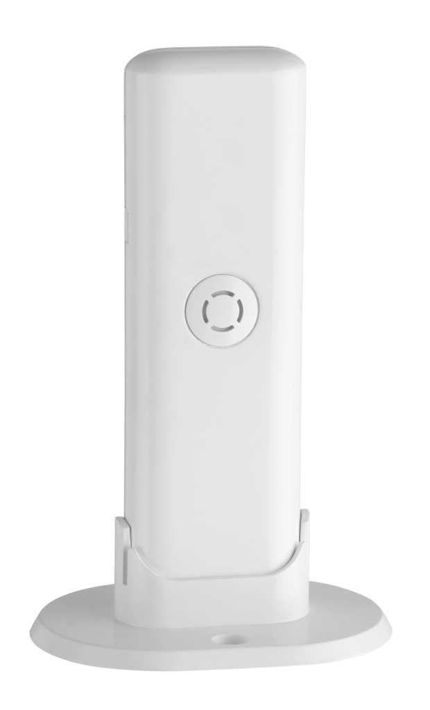 Weißes, rechteckiges Gerät mit abgerundeten Kanten auf Standfuß, vorne runder Knopf mit drei Schlitzen