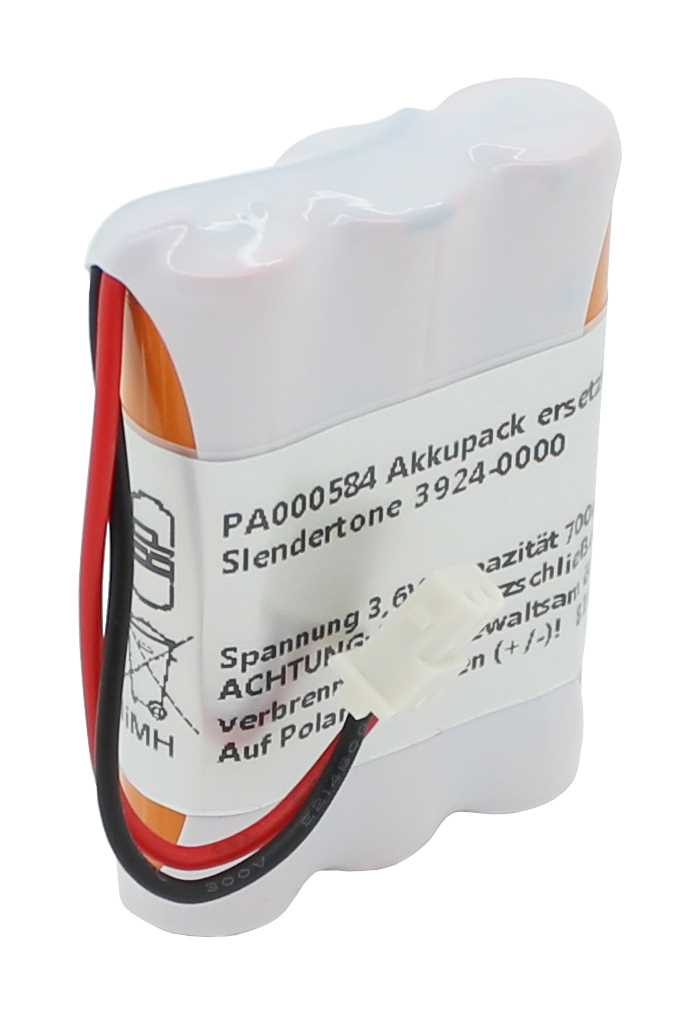 Weißer Akku-Pack mit rotem und schwarzem Kabel sowie weißem Stecker, seitlich orange Zellen sichtbar