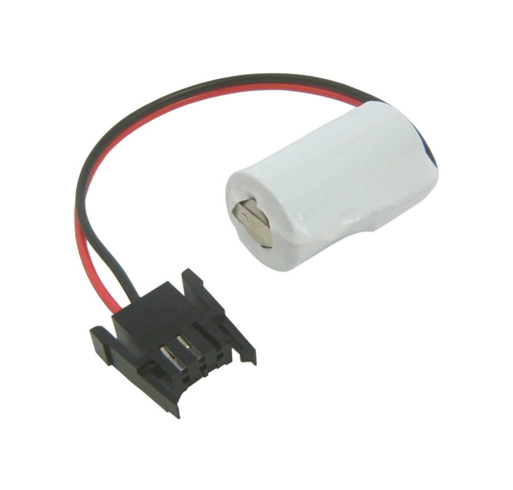 Weiße Batterie mit rot-schwarzem Kabel und schwarzem 2-poligem Steckverbinder auf weißem Hintergrund
