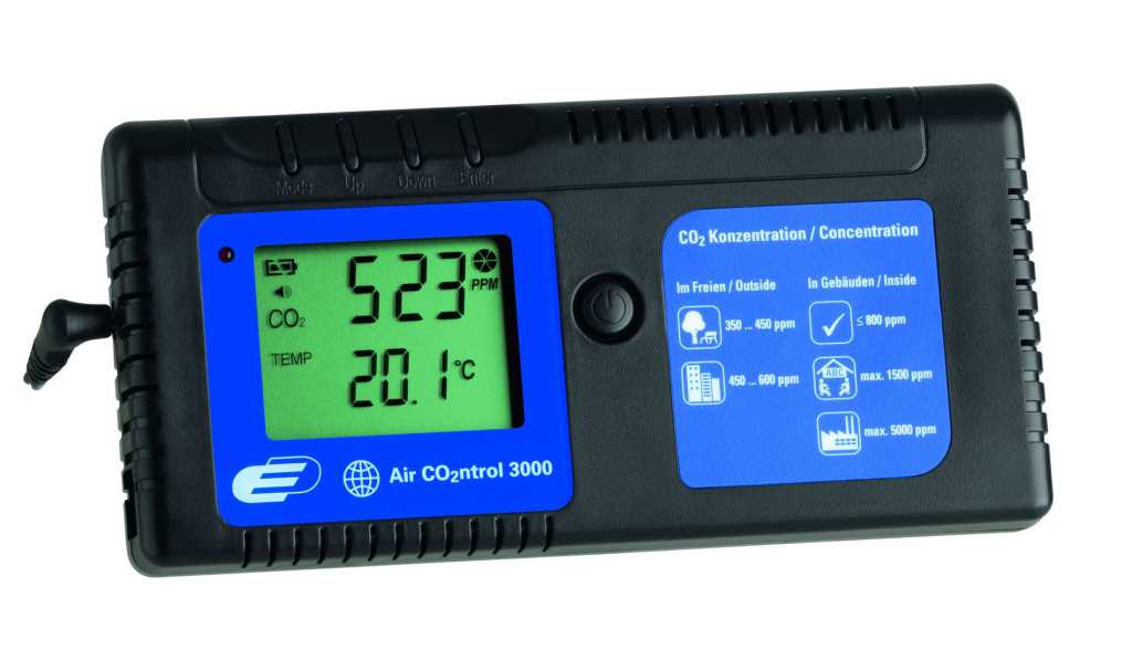 Schwarzes CO2-Messgerät mit grünem Display, Anzeige 523 ppm und 20,1 °C, rechts blaue Infotafel und Ein/Aus-Taste