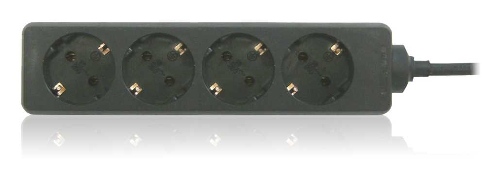Schwarze Steckdosenleiste mit vier runden Steckplätzen und seitlich angeschlossenem Kabel rechts