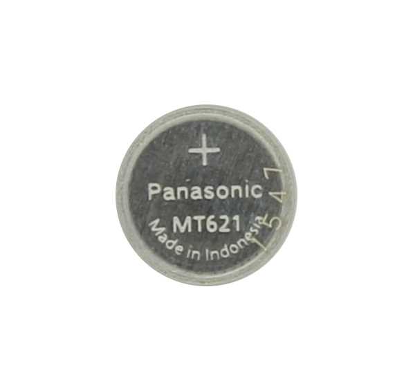 Runde Knopfzelle in Nahaufnahme mit Pluszeichen auf der Oberseite auf hellem Hintergrund