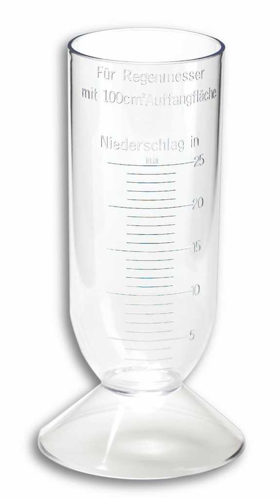 Transparenter Kunststoffzylinder mit Millimeter-Skala und breitem Standfuß auf weißem Hintergrund