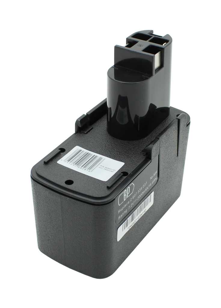 Schwarzer Akku mit zylindrischem Aufsatz und Kontaktstecker oben, seitlichem Etikett und Barcode auf weißem Hintergrund