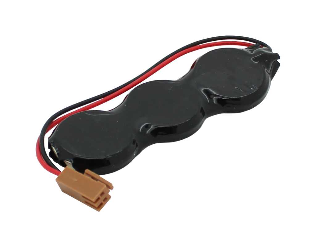 Schwarzes Batteriepäckchen mit drei runden Zellen in Reihe, rotem und schwarzem Kabel sowie braunem Stecker