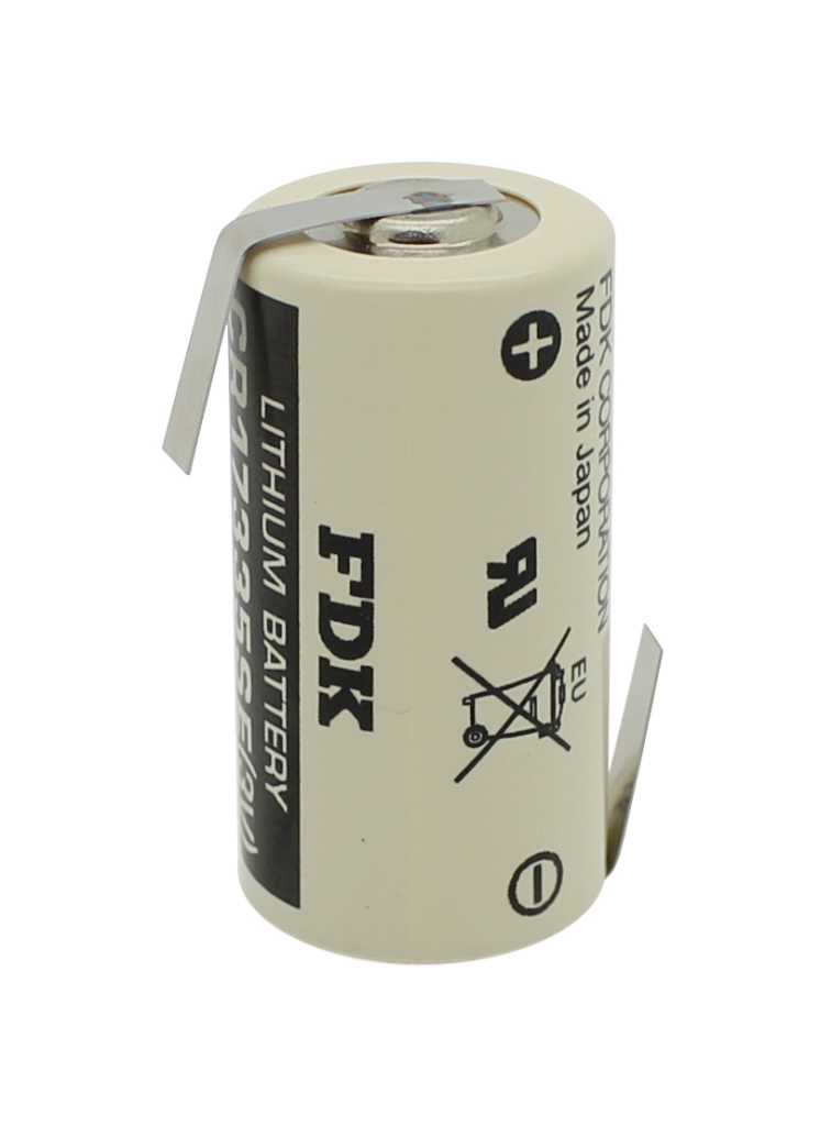 Zylindrische Batterie mit Pluspol oben und zwei Metall-Lötfahnen, eine oben abgewinkelt, eine seitlich unten