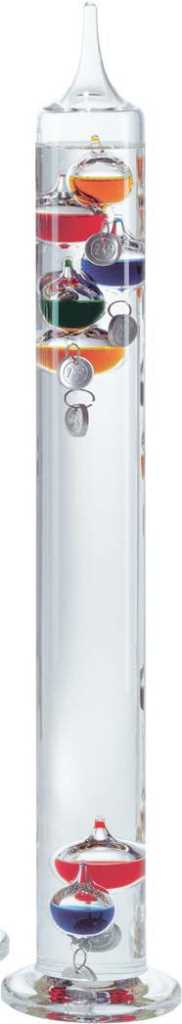 Glaszylinder mit farbigen Flüssigkeitskugeln und silbernen Plomben, auf weißem Hintergrund