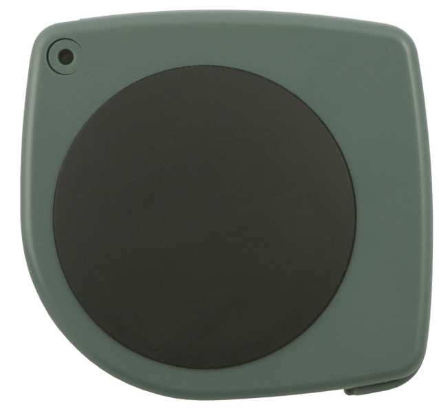 Grünes quadratisches Klappgehäuse mit großem schwarzem Kreis in der Mitte und kleinem Loch oben links