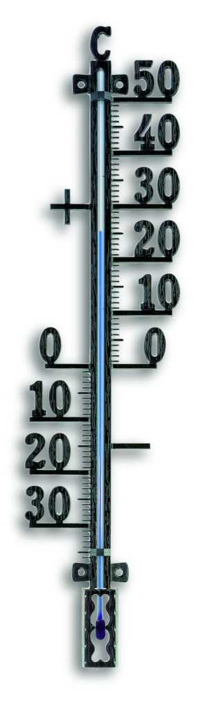 Schwarzes Wandthermometer aus Metall mit Skala von 0 bis 50 und blauem Flüssigkeitsstand in Glasröhre
