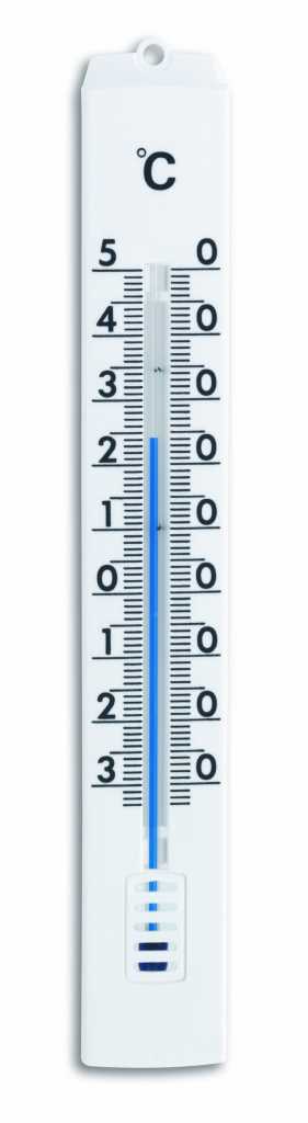 Weißes Thermometer mit Aufhängeloch, Celsius-Skala und blauer Flüssigkeitssäule in der Mitte