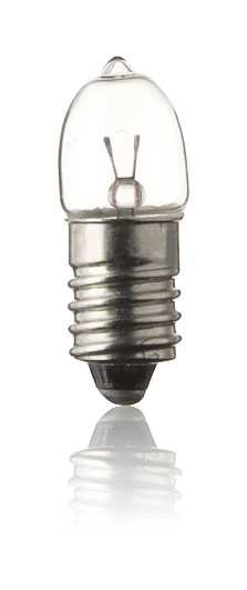 Kleine klare Glühlampe mit Schraubsockel, freigestellt vor weißem Hintergrund mit Spiegelung am Boden