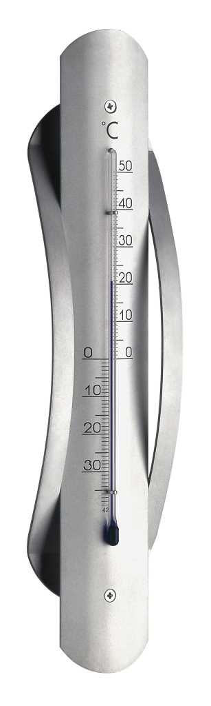 Silbernes Wandthermometer mit Flüssigkeitssäule und Skala von -30 bis 50 °C auf gebogener Metallplatte