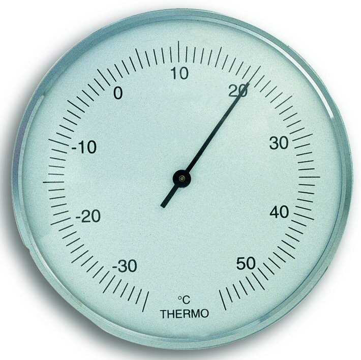 Rundes Thermometer mit Skala von -30 bis 50 Grad und schwarzem Zeiger nahe 20