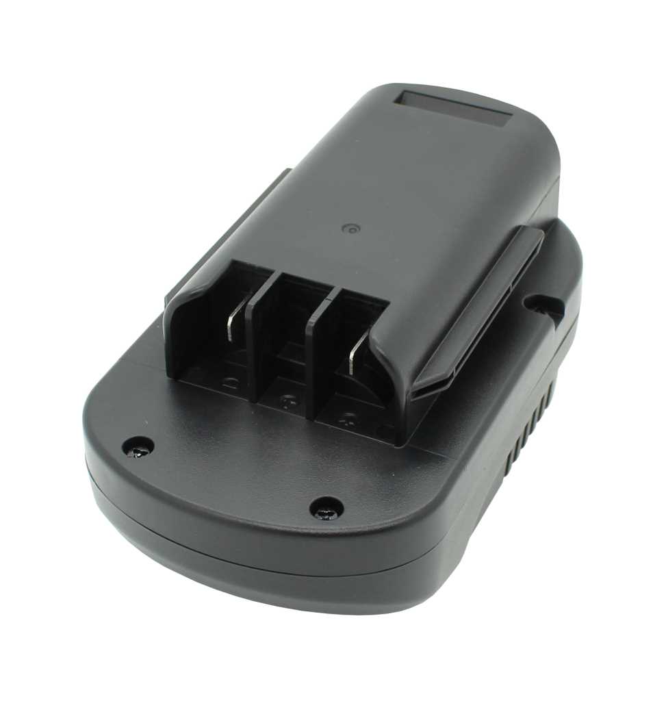 Schwarzer Akku mit Kontaktleisten und seitlichen Rastnasen, schräg von oben auf weißem Hintergrund