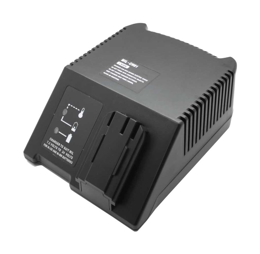 Schwarzes Akku-Ladegerät mit Lüftungsschlitzen und Steckaufnahme, seitlich Piktogramm-Anzeige für Ladevorgang und Temperatur