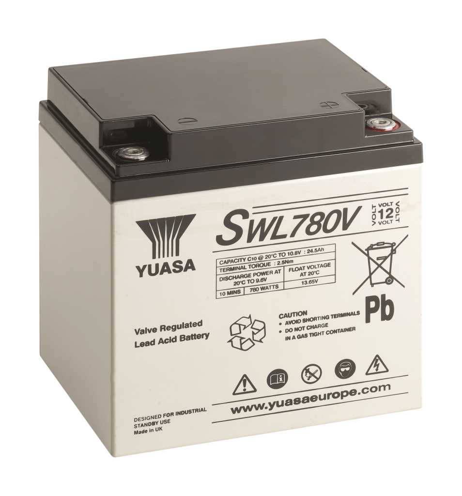 Weiße Batterie mit schwarzem Deckel und zwei Polklemmen, Ansicht schräg von vorn links