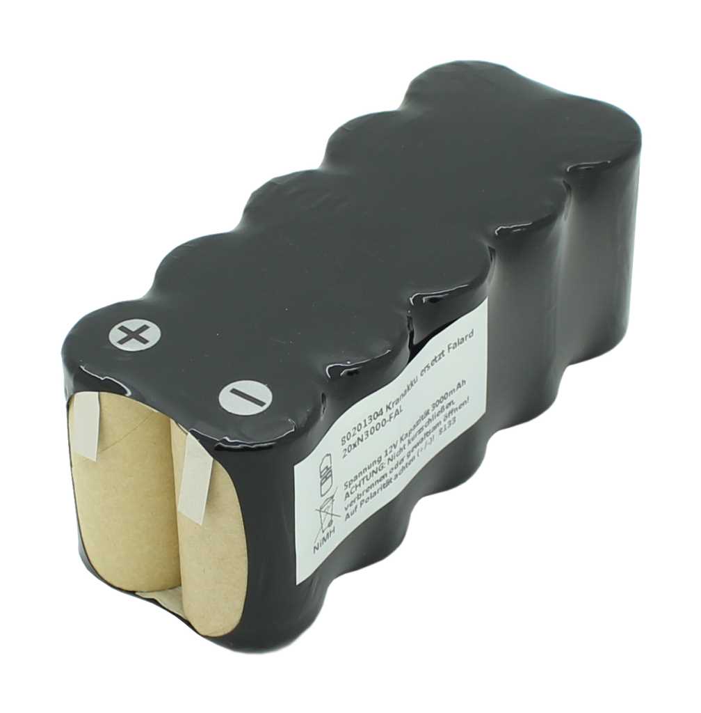 Schwarzer Akkupack mit sichtbaren Plus- und Minuspol-Markierungen und seitlichem Etikett auf weißem Hintergrund