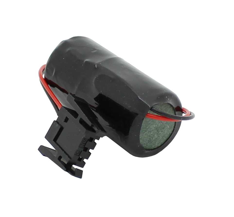 Schwarzer zylindrischer Batteriepack mit rotem und schwarzem Kabel und schwarzem Steckverbinder auf weißem Hintergrund