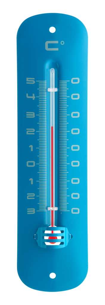 Blaues längliches Wandthermometer mit Skala und roter Flüssigkeitssäule sowie Aufhängelöchern oben und unten