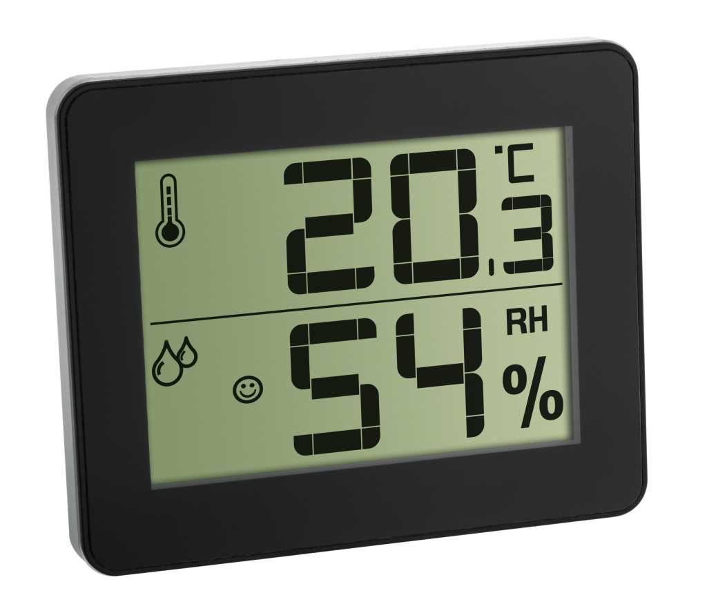 Schwarzes Digitaldisplay mit Thermometer- und Tropfensymbol, zeigt 28,3 °C und 54 % RH