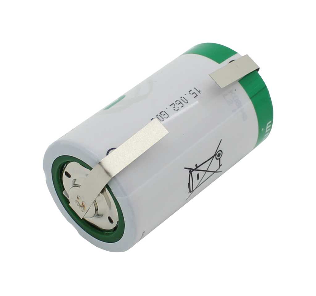 Zylindrische Batterie in Weiß mit grünen Endkappen und zwei Metall-Lötfahnen in U-Form auf weißem Hintergrund