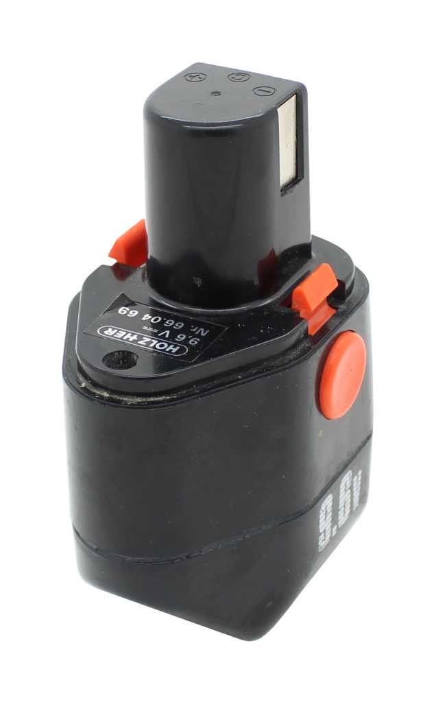 Schwarzer Akkupack mit zylindrischem Aufsatz und orangefarbenen Entriegelungstasten, seitlichem Kontaktfeld sichtbar