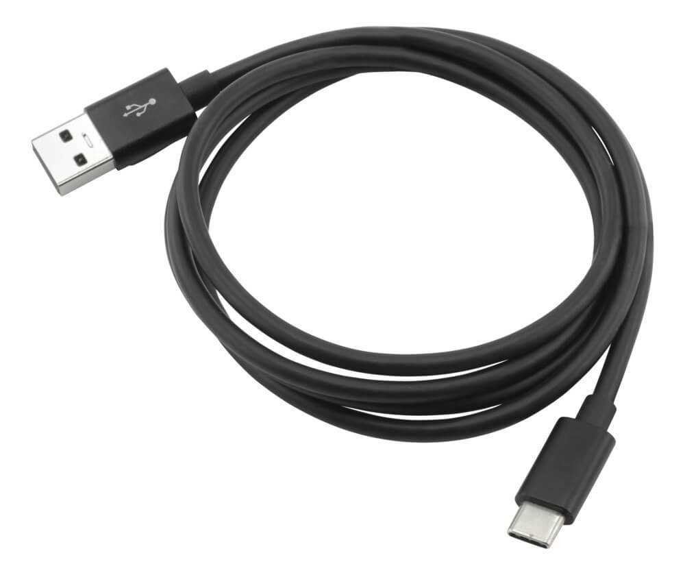 Aufgerolltes schwarzes USB-Kabel mit USB-A-Stecker und USB-C-Stecker auf weißem Hintergrund