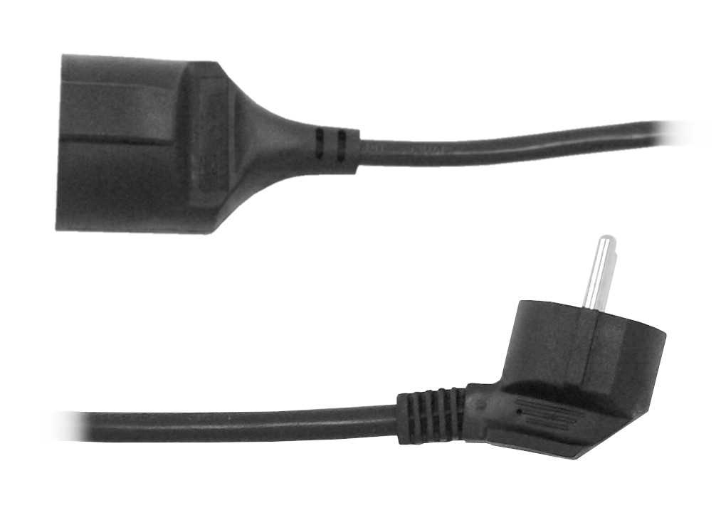 Schwarzes Verlängerungskabel mit gewinkeltem Stecker und Buchse auf weißem Hintergrund