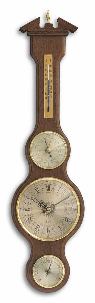 Wetterstation aus dunklem Holz zum Hängen mit Thermometer und drei runden Messanzeigen in Messingoptik